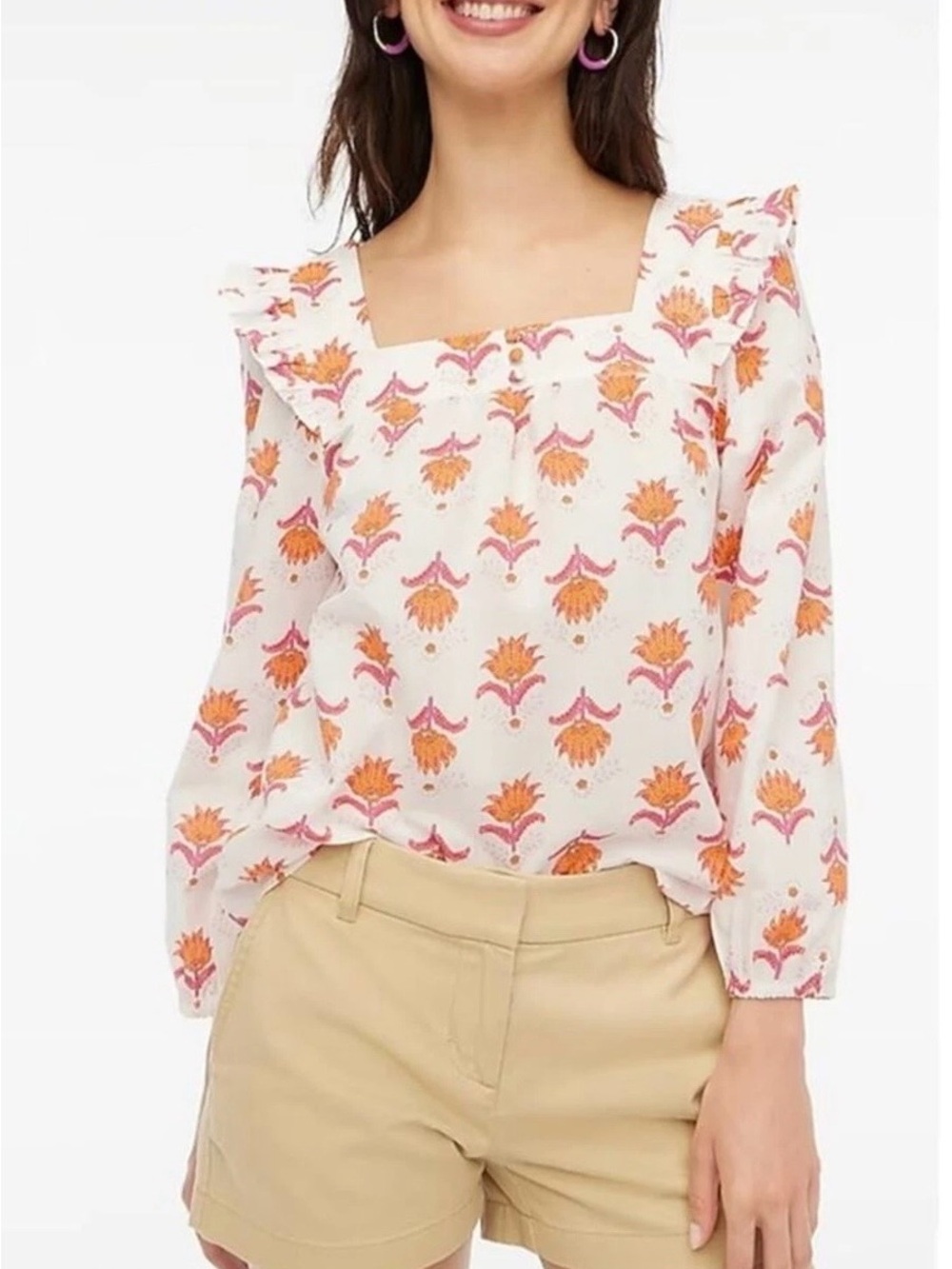 J. CREW | Squareneck Ruffle Floral Print Top in White Fresh Cantaloupe Sz. Small